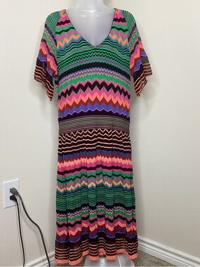 Aldomartins Vibrant Contreras Knit Chevron V-Neck Midi Dress Sz 10